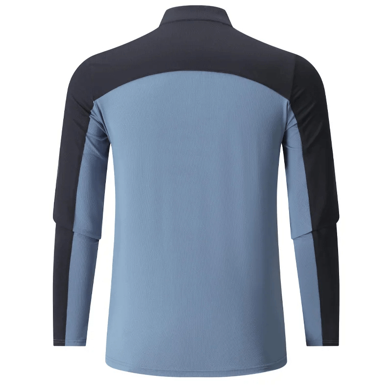 Men's blue and black long sleeve half-zip sports shirt, perfect for running or outdoor activities. Comfortable and breathable activewear top.
