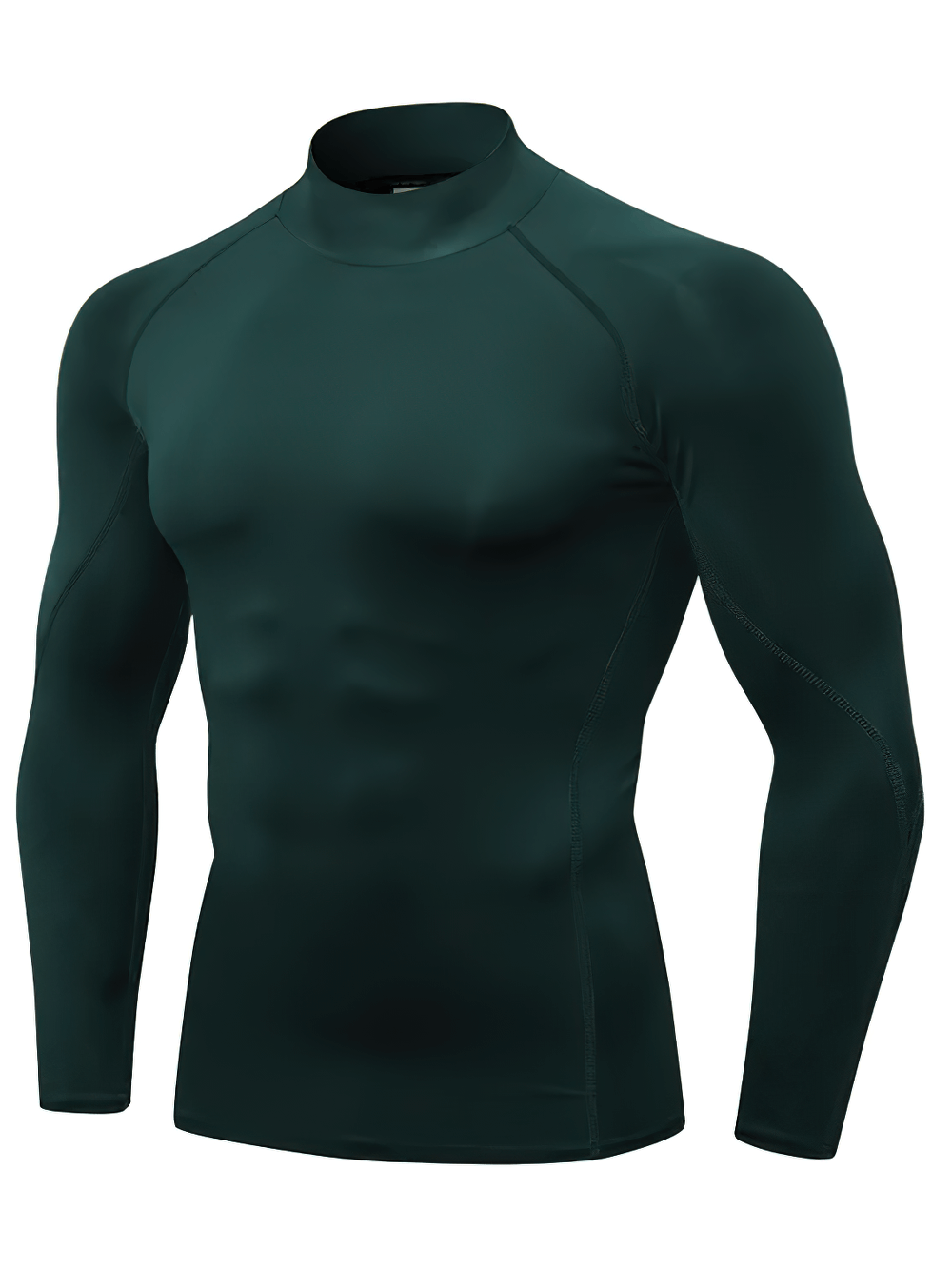 Men's athletic compression turtleneck with long sleeves in dark green, ideal for sports, featuring polyester and spandex fabric.