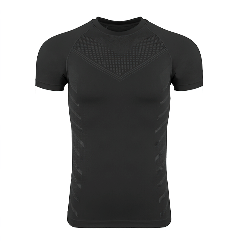 Men's black quick dry spandex t-shirt with short sleeves, perfect for workouts and leisure, featuring an o-neck design. Model SF1324.