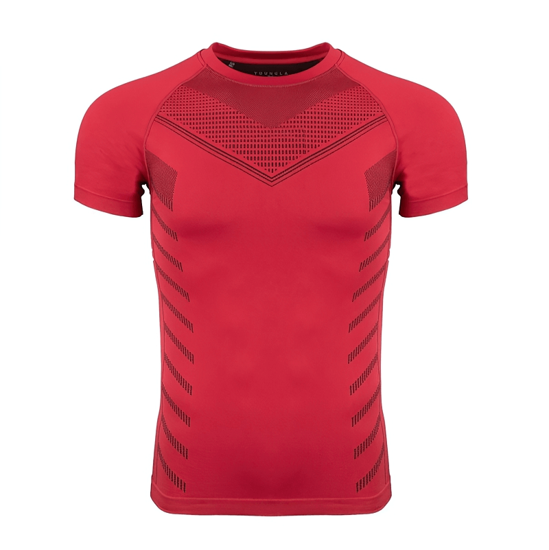 Red quick dry men's workout t-shirt in spandex with o-neck and short sleeves, ideal for gym or leisure activities.