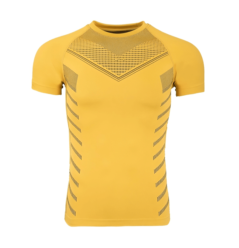 Yellow quick dry men's workout t-shirt, short sleeves, spandex material, stylish design for gym and leisure wear, SKU SF1324.