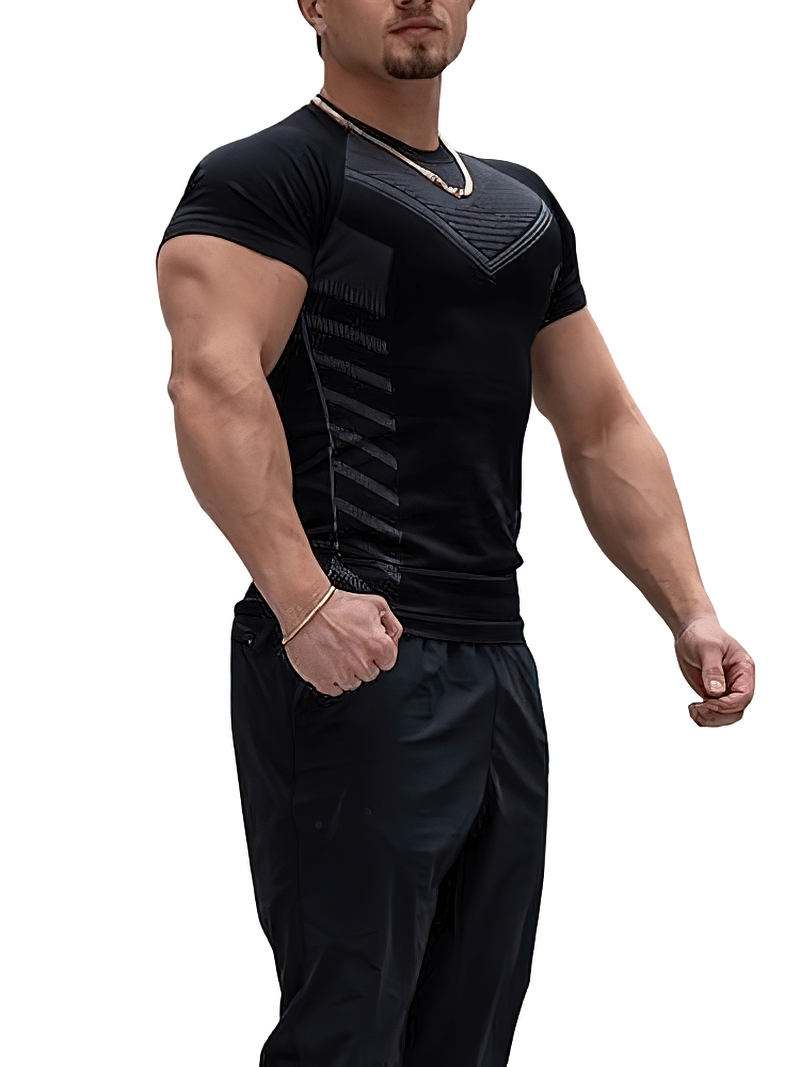 Men's spandex quick-dry black t-shirt for workouts, featuring short sleeves and o-neck. Ideal for gym wear. Model shown in pose.