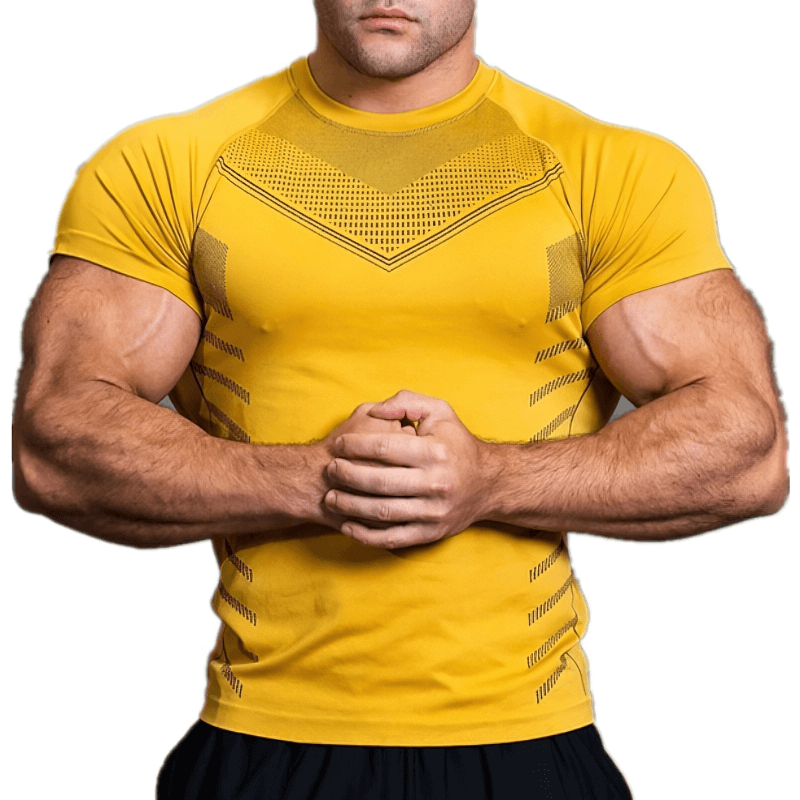 Men's quick-dry yellow t-shirt for workouts, featuring short sleeves and stylish design, ideal for gym and leisure activities.