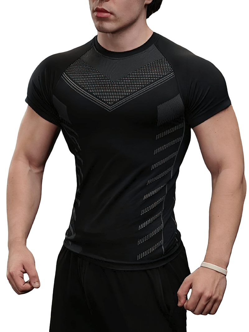 Men's quick dry workout t-shirt, black spandex, short sleeve, o-neck design, perfect for gym and active wear, SF1324