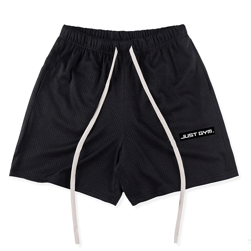 Black sports mesh men's running shorts with pockets and white drawstrings, ideal for workouts, gym, running, and sports activities.