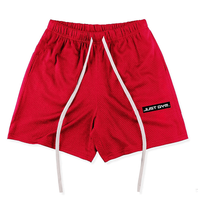 Red sports mesh short shorts with pockets for men, perfect for running and gym sessions, featuring breathable polyester fabric.
