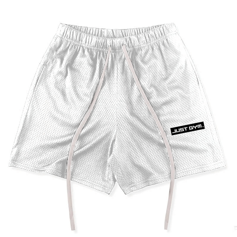 White sports mesh short shorts with pockets and drawstring for men, perfect for running and gym activities.