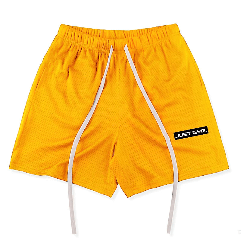 Yellow sports mesh short shorts with pockets for men's running, featuring breathable fabric and deep pockets for essentials.