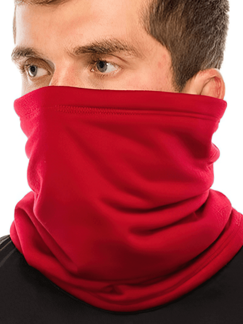 Person wearing red drawcord polar fleece neck cover for outdoor activities, perfect for warmth and moisture-wicking.