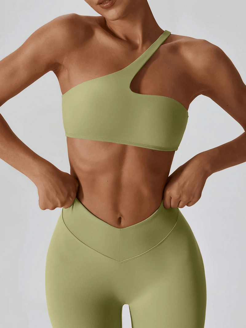 Alt Tag: Sports One Shoulder Push-up Bra and Leggings SF1697 in green, showcasing stylish and breathable activewear for women.