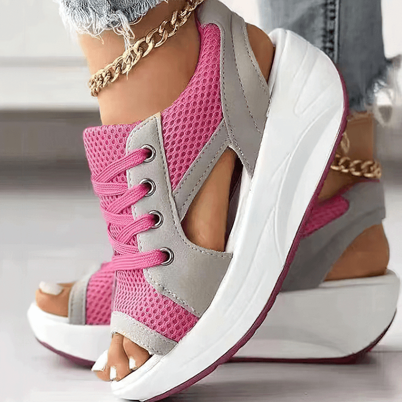 Pink and gray sports open toe lace-up women's sandals with thick white soles, featuring air mesh upper and chain anklet accessory.