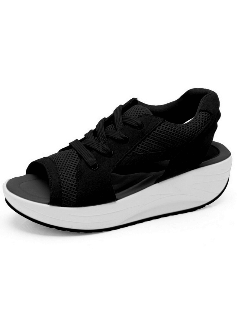 Black sports open toe women's sandals with thick white soles and lace-up design for comfort and durability.