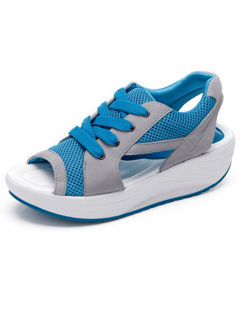 Blue and gray sports open toe lace-up women's sandals with thick soles and air mesh upper for comfort and support.
