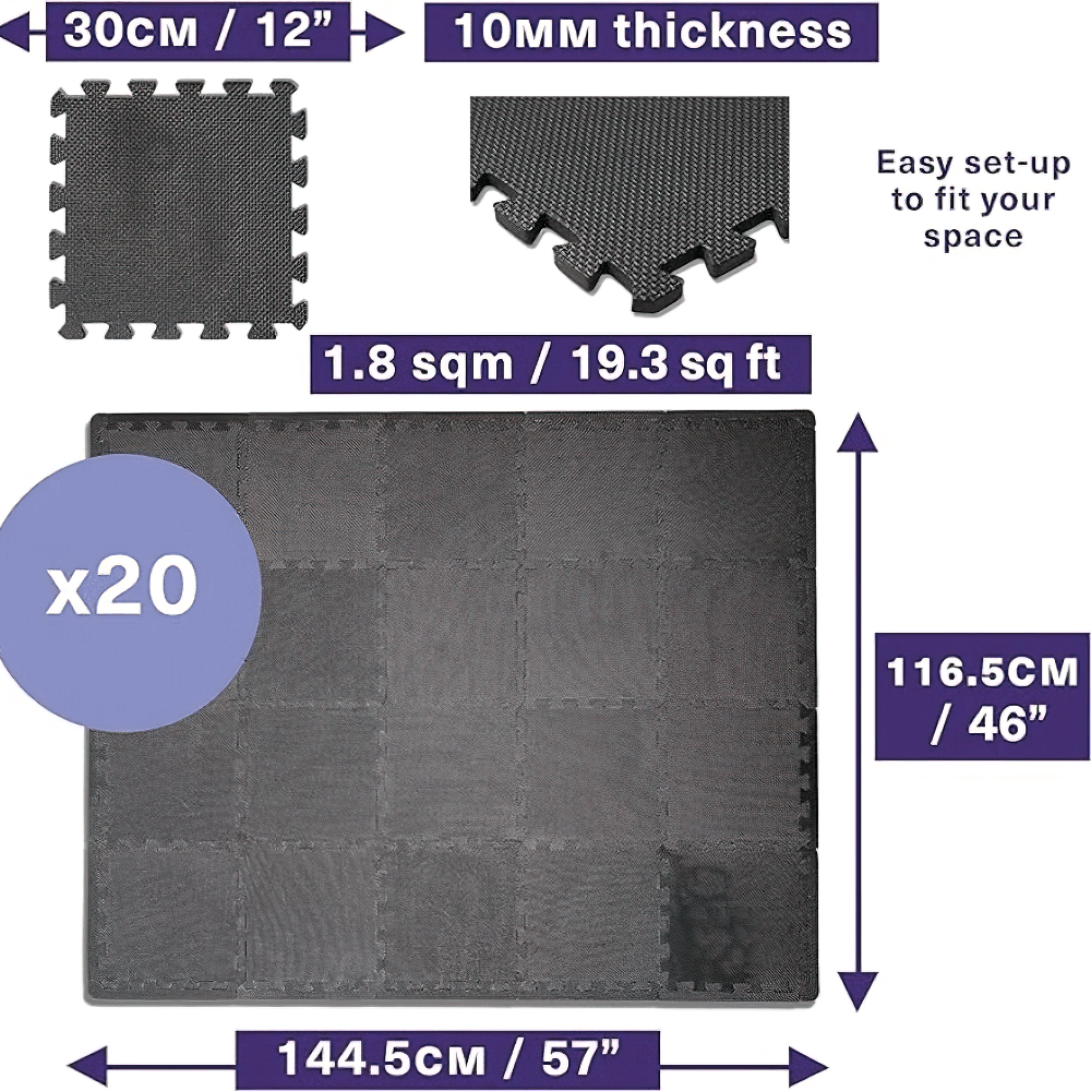 SF3037 Sports Protection Gym Mats, non-slip, cross-pattern EVA, 20-piece, 30cm, for yoga, fitness, stability, 1.8 sqm coverage