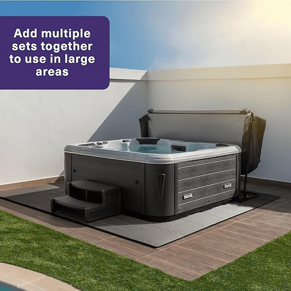 Outdoor hot tub setup on non-slip cross-pattern gym mats with steps, showcasing versatility and stability for large areas.