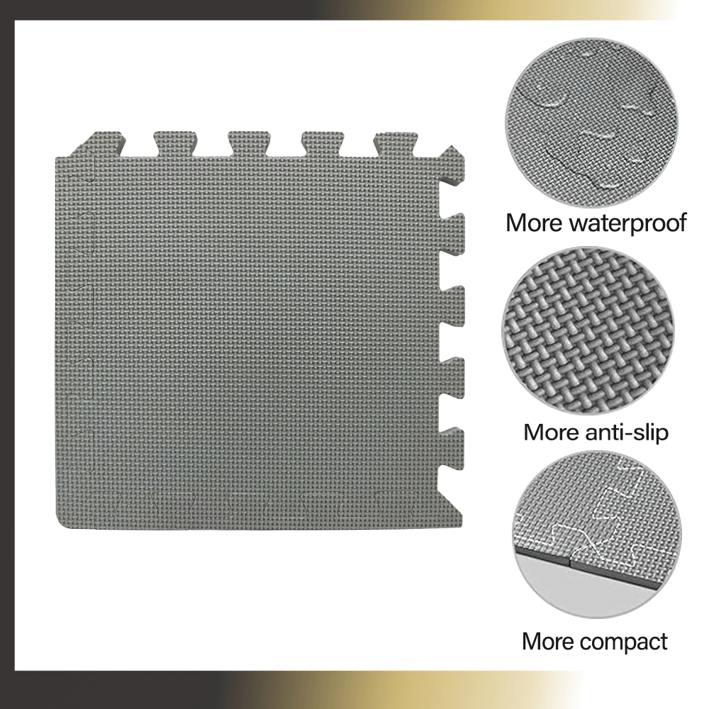 Cross-patterned non-slip gym mat with waterproof, anti-slip, and compact design features for stability in workouts.