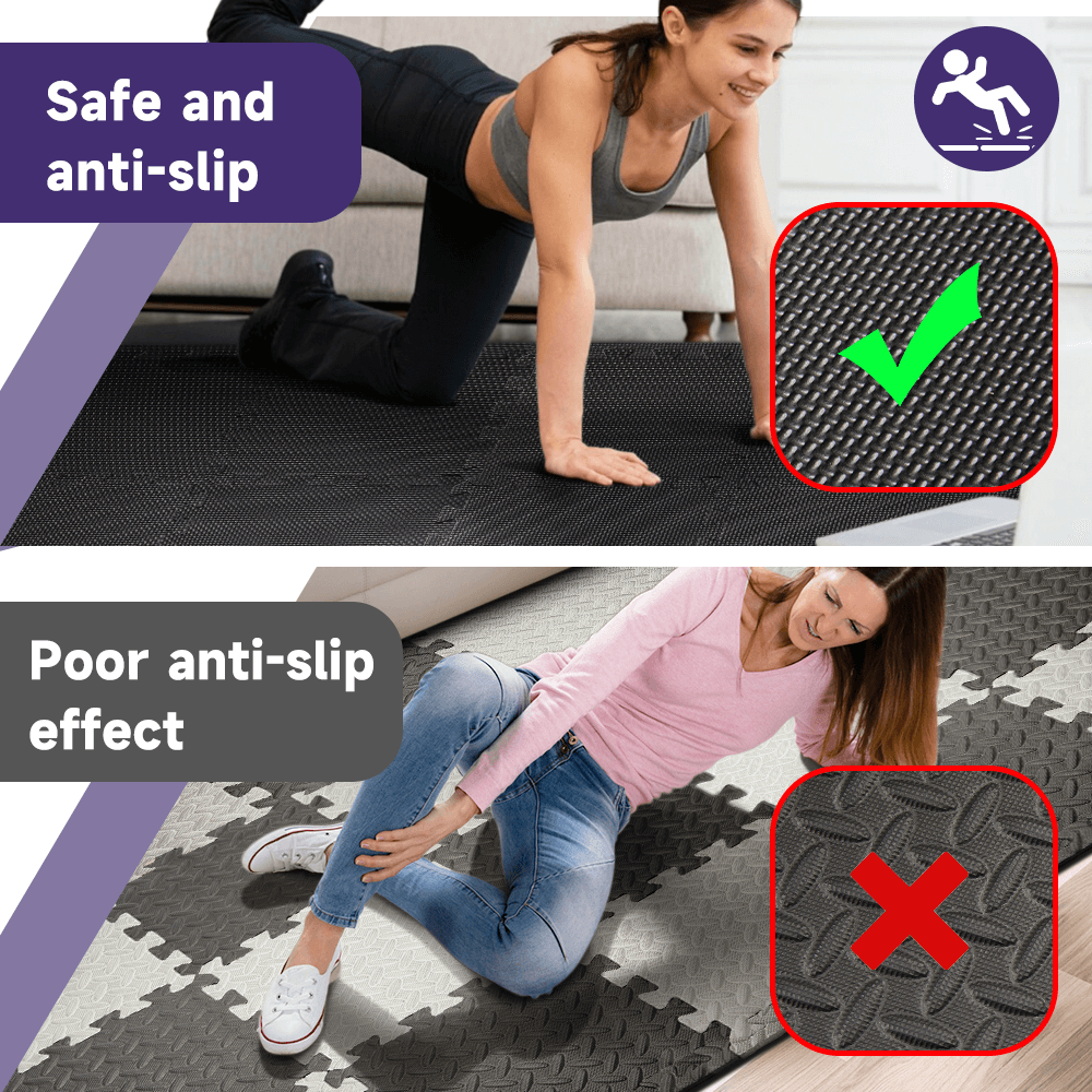 Two women on gym mats demonstrating effective and ineffective non-slip performance, highlighting safety and stability for workouts.