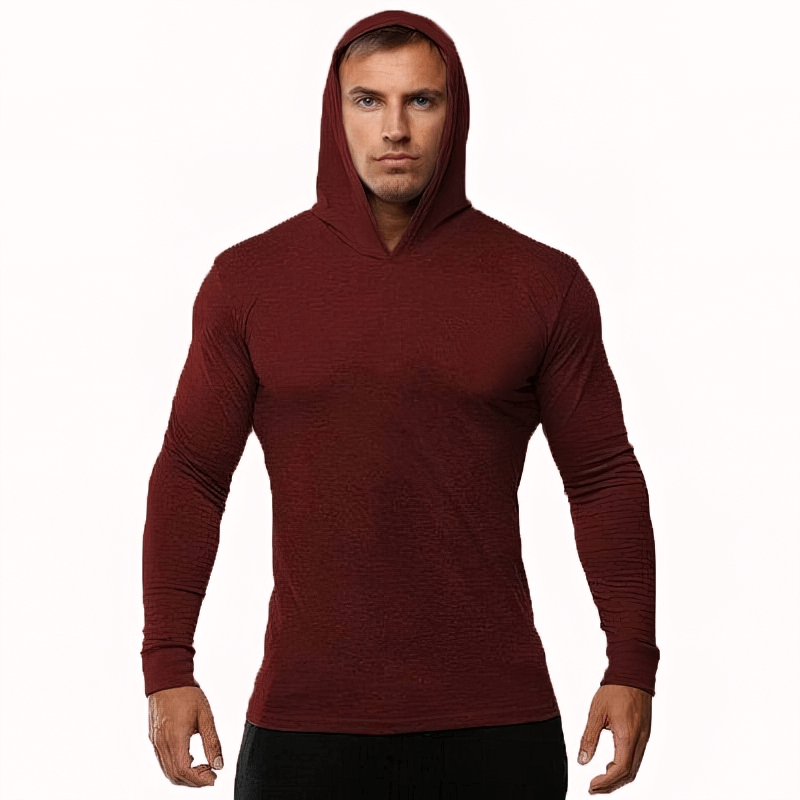 Sports Quick Dry Slim Men's Hoodie with Hood, breathable cotton, ideal for workouts, SF1525, maroon color.