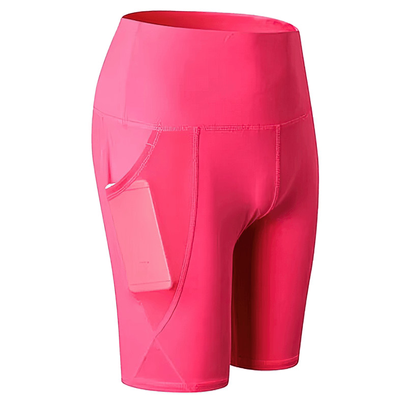 Vibrant pink high-waisted quick-dry athletic shorts for women, perfect for yoga or running. Features breathable fabric and stylish patchwork.
