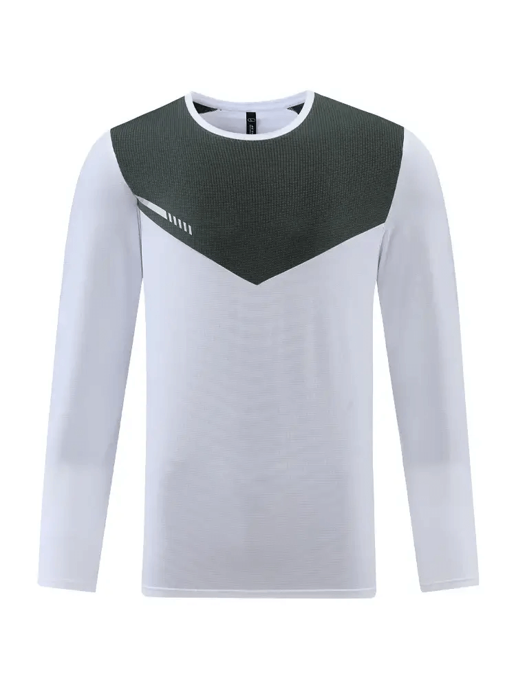White quick-drying men's sport pullover with dark gray accents, polyester material, ideal for marathon and casual activewear.