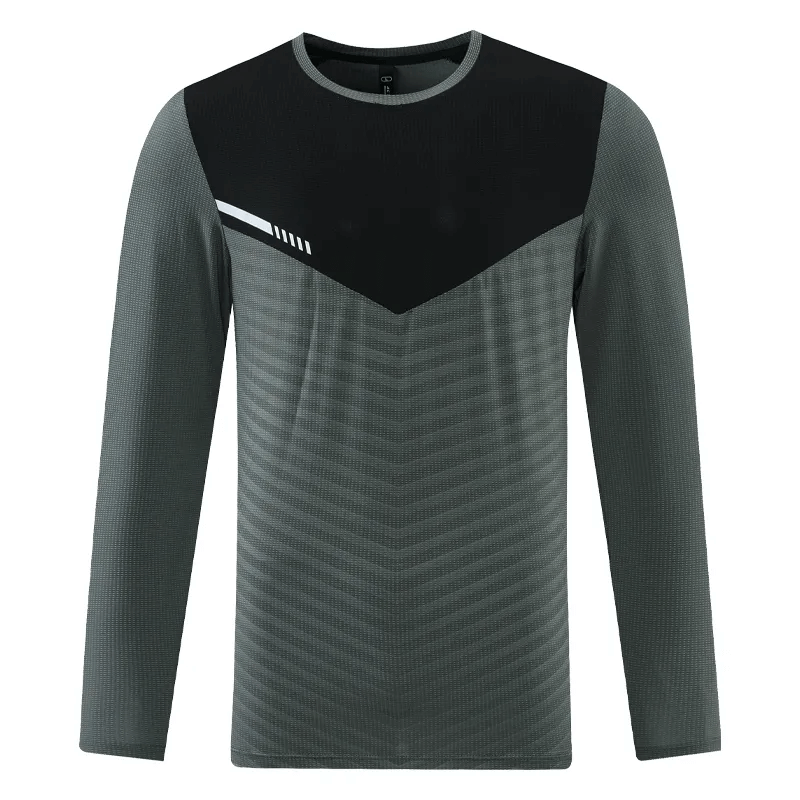 Sports quick-drying men's pullover in grey and black, ideal for active wear and marathon sports. Long-sleeve polyester design.