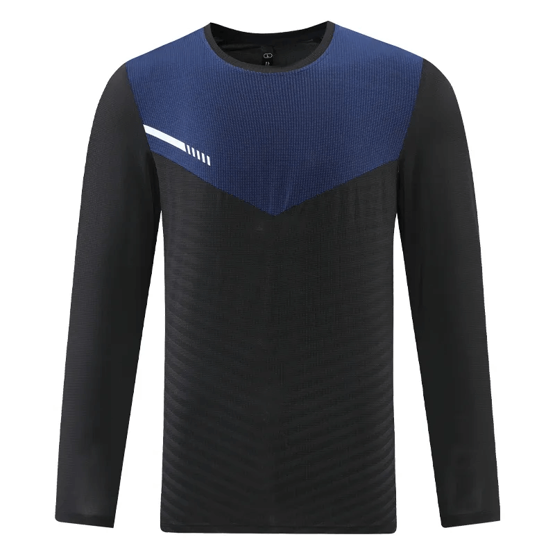 Sports Quick-Drying Men's Pullover in black and blue, long-sleeve; perfect for active lifestyle with breathable polyester fabric.