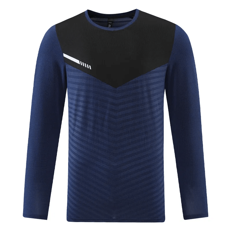 Sports Quick-Drying Men's Pullover, marathon style, thin long-sleeve, polyester, breathable, in blue and black colors.
