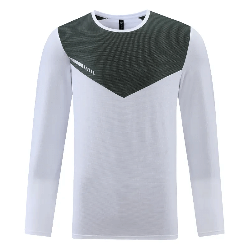 Men's quick-drying pullover in white with dark gray accent, perfect for sports and casual wear, made of breathable polyester.