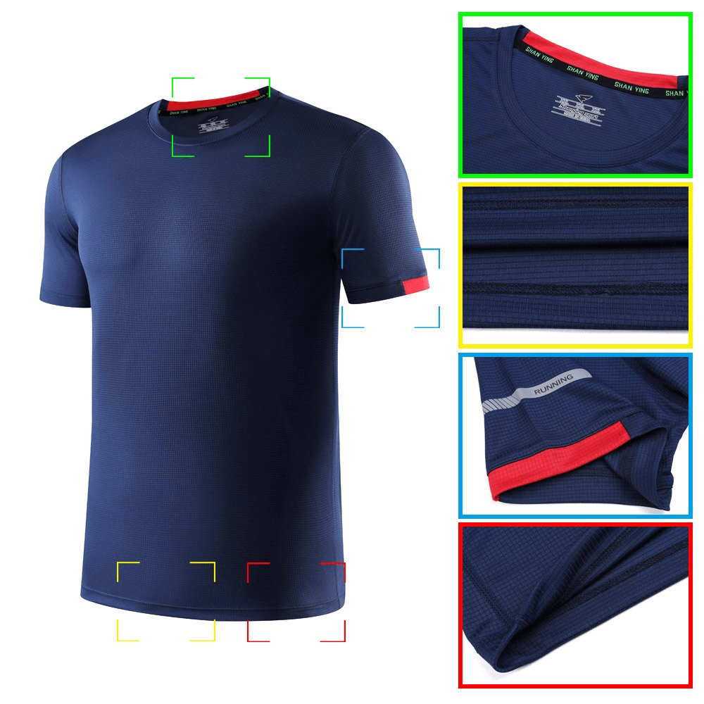 Navy blue quick-drying men's sports t-shirt with short sleeves and O-neck, showcasing breathability and solid color design for training.