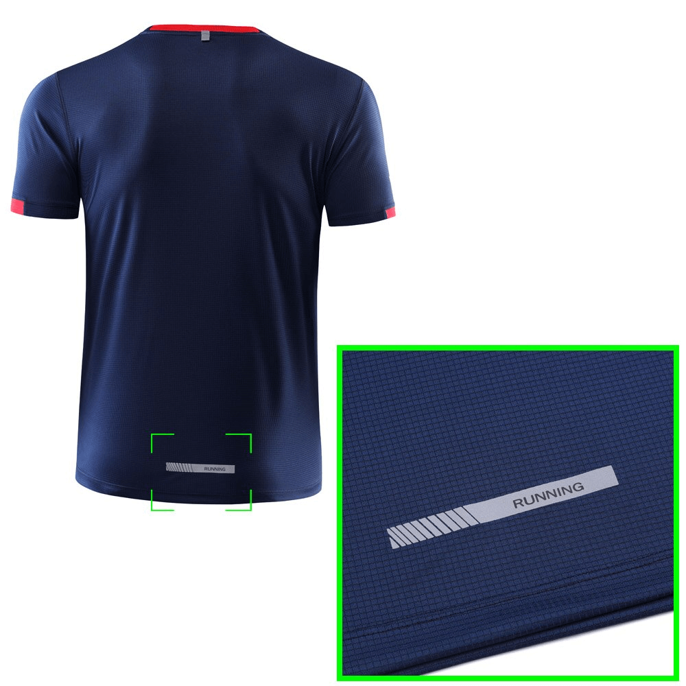 Back view of navy SF1506 quick-drying men's T-shirt with 'Running' detail, perfect for training; showcases breathable spandex material.