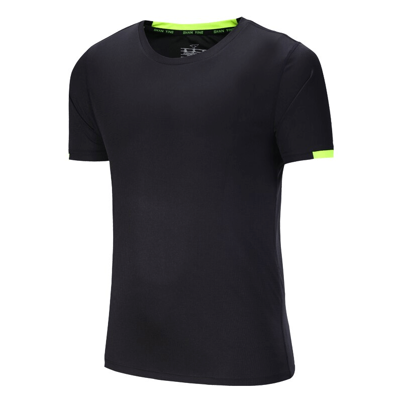 Sports Quick-Drying Men's T-Shirt in black with short sleeves and O-neck, breathable spandex material, ideal for training and sweat-wicking.