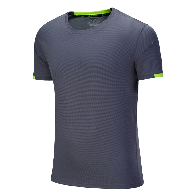 Gray sports quick-drying men's t-shirt with short sleeves, O-neck collar, and green accents, ideal for training SF1506