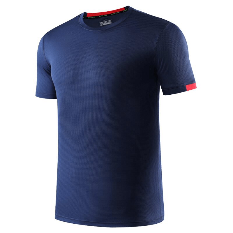 Navy blue quick-drying men's sports t-shirt with short sleeves, O-neck collar, and spandex material for breathability, model SF1506.
