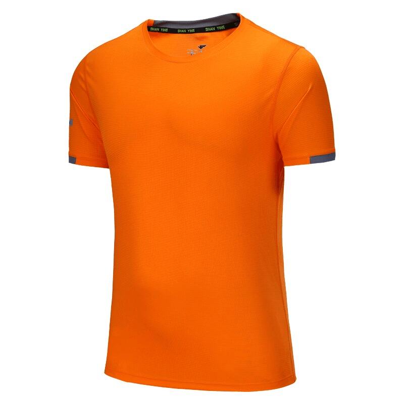 Bright orange quick-drying men's sports T-shirt with short sleeves and O-neck for training, made from breathable spandex material.