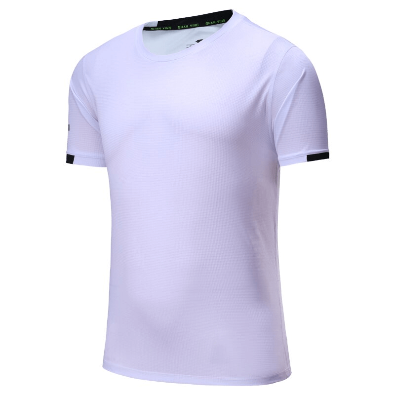 White quick-drying men's sports t-shirt with short sleeves and O-neck for training, style SF1506, made of breathable spandex fabric.