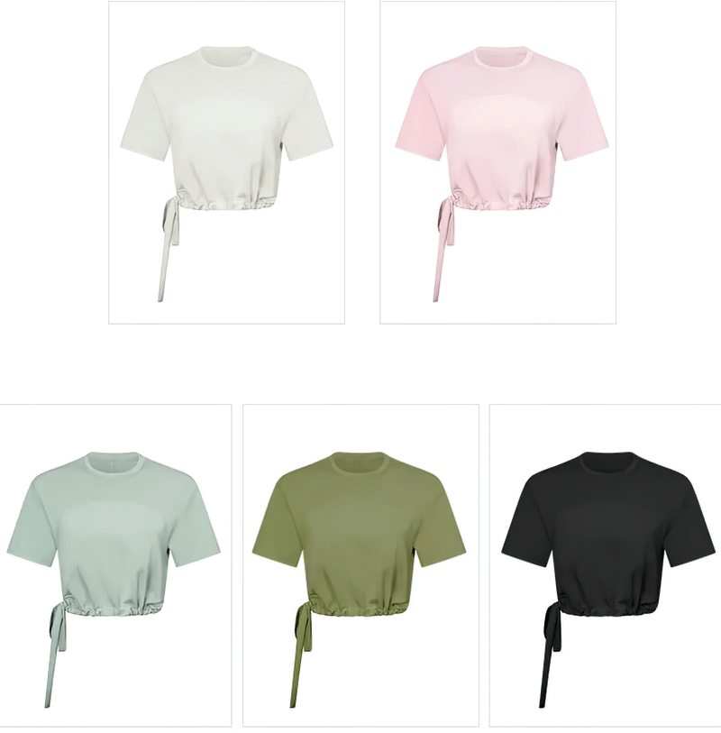 Variety of colored sports short sleeves crop T-shirts with adjustable hems, perfect for fitness and activewear, model SF1560.