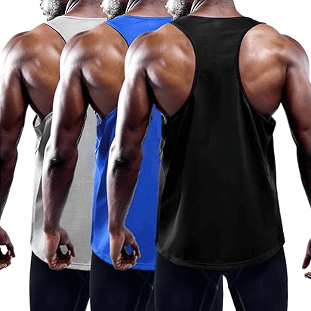 Back view of men's Sports Sleeveless Tank Tops for Gym and Workout - SF4107 in gray, blue, and black for fitness enthusiasts.