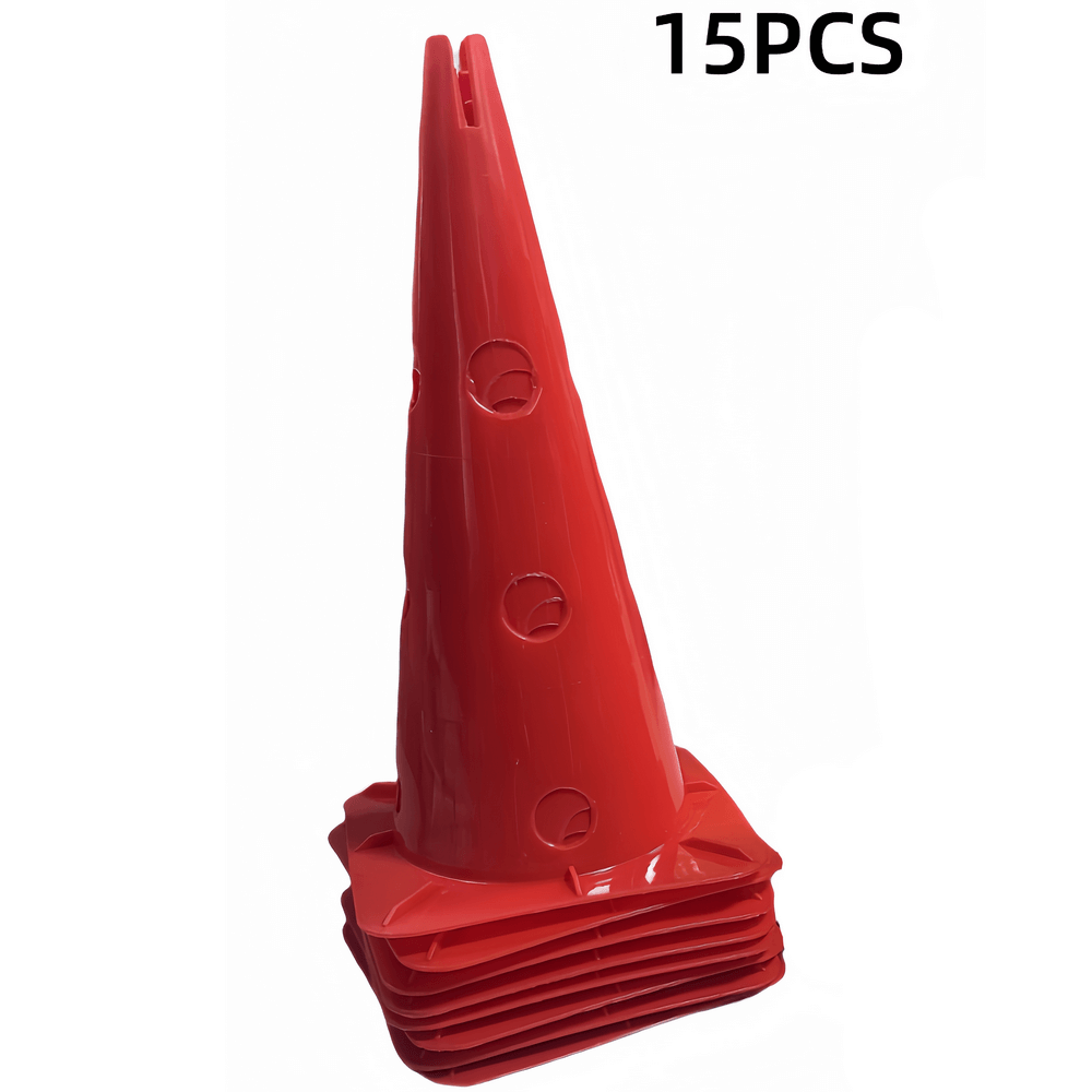 Set of 15 red PVC agility cones for sports drills, enhancing footwork and coordination. Includes storage bucket.