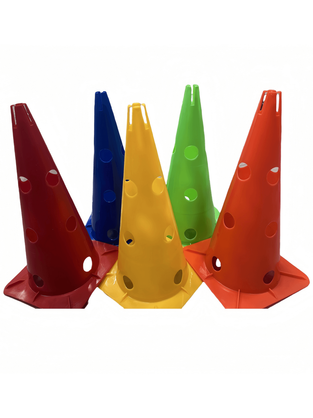 Colorful agility training cones set for sports drills, includes easy storage bucket. Perfect for soccer, basketball, coordination exercises.