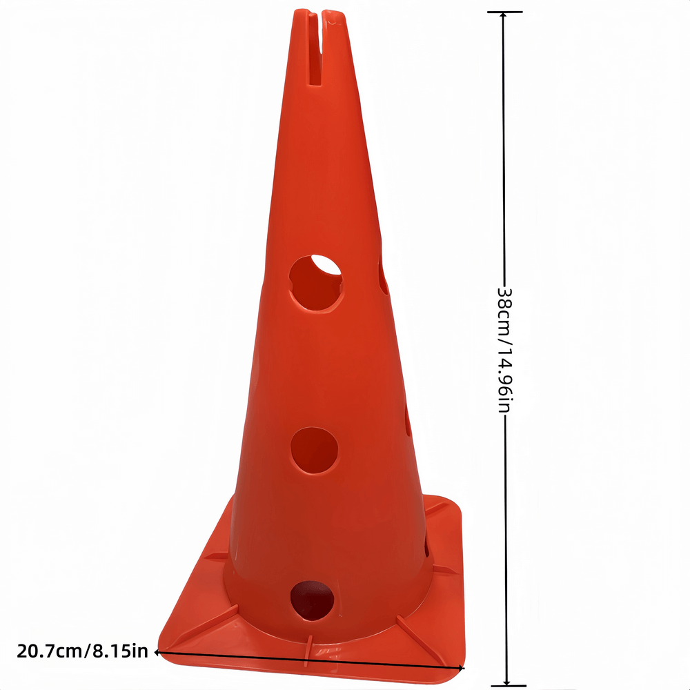 Orange agility cone from Sports Training Set SF2752, 38cm high, made of durable PVC for sports drills, including flag bucket for storage.