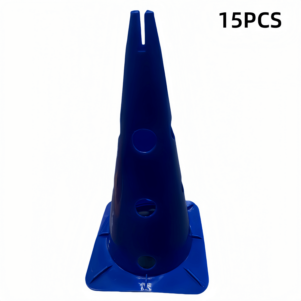 Blue agility cone from 15-piece sports training set, perfect for soccer and basketball drills, improving footwork and speed.