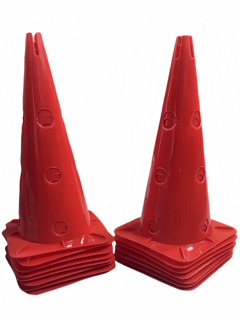 Set of red agility training cones made of durable PVC for sports drills and exercises, enhancing coordination and speed. Includes storage bucket.