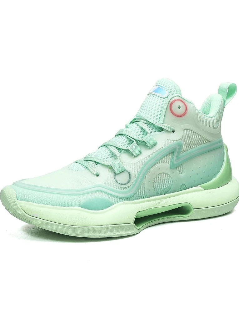 Light green unisex running shoe with reflective elements, high-top design, and lace-up closure. Breathable mesh upper and rubber outsole for comfort.