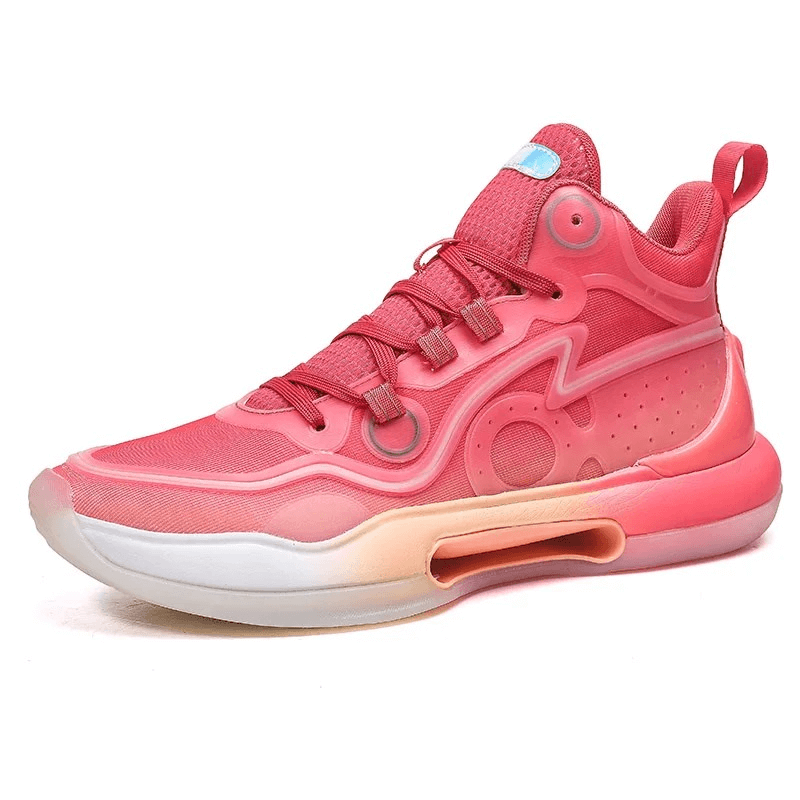 Unisex sports running shoes SF1868 with reflective elements, pink breathable mesh upper, rubber outsole, lace-up closure, high top.