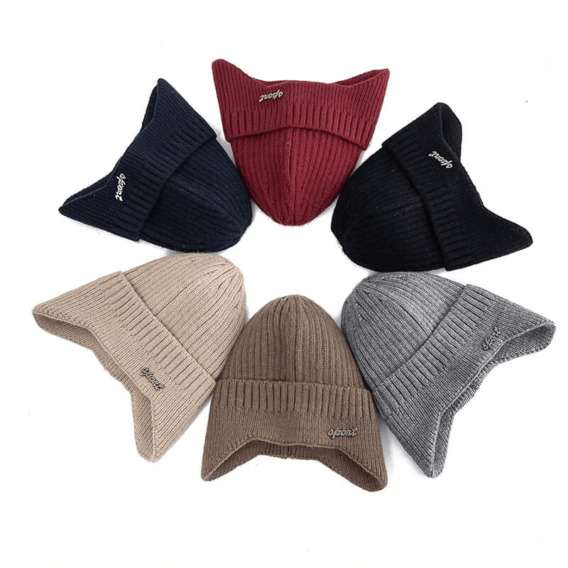 Variety of colorful knitted beanies in black, red, beige, brown, and gray, designed for skiing, snowboarding, and outdoor activities.