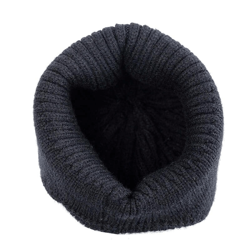 Top view of a black sports unisex warm hat, fashion plain knitted ski beanie SF0156, ideal for outdoor activities like skiing and snowboarding.