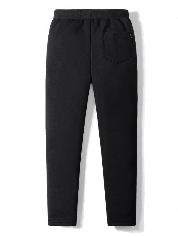 Back view of black fleece men's pants with pockets and drawstring, perfect for winter warmth, style SF1529.