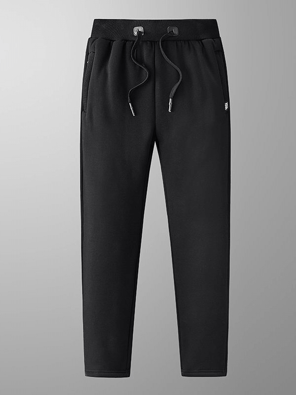 Black sports warm fleece men's pants with pockets, featuring a mid waist and drawstring closure. Ideal for winter comfort and style.