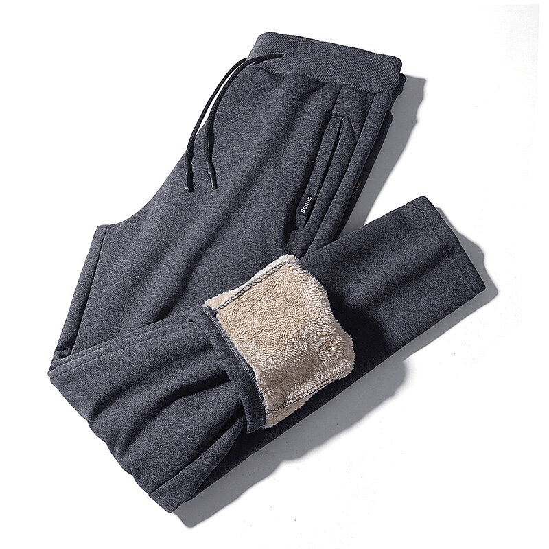 Sports Warm Fleece Men's Pants with Pockets, mid waist, in dark grey. Features fleece lining and drawstring closure for winter comfort.