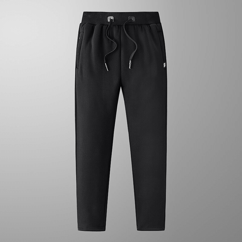 Black sports warm fleece men's pants with pockets and drawstring, featuring comfy mid waist and full length for winter warmth.
